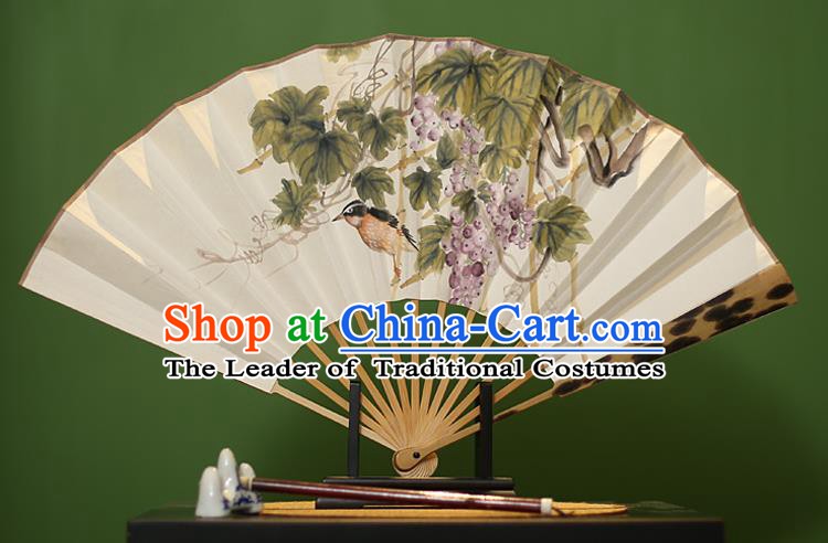 Traditional Chinese Crafts Ink Painting Grape Paper Folding Fan, China Handmade Mottled Bamboo Fans for Men