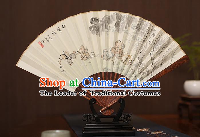 Traditional Chinese Crafts Ink Painting Children Paper Folding Fan, China Handmade Pear Wood Fans for Men