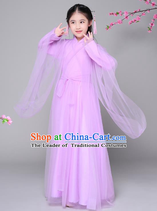 Traditional Chinese Ancient Princess Fairy Purple Clothing, China Han Dynasty Palace Lady Hanfu Dress Costume for Kids