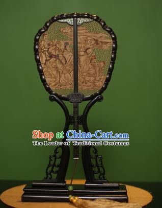 Traditional Chinese Crafts Sandalwood Carving Eight Immortals Palace Fan, China Princess Red Rosewood Fans for Women
