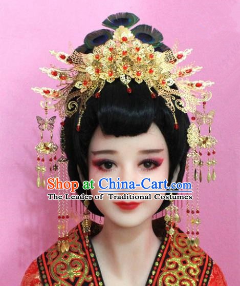Traditional Chinese Handmade Hair Accessories Ancient Princess Hairpins Golden Tassel Phoenix Coronet Complete Set for Women