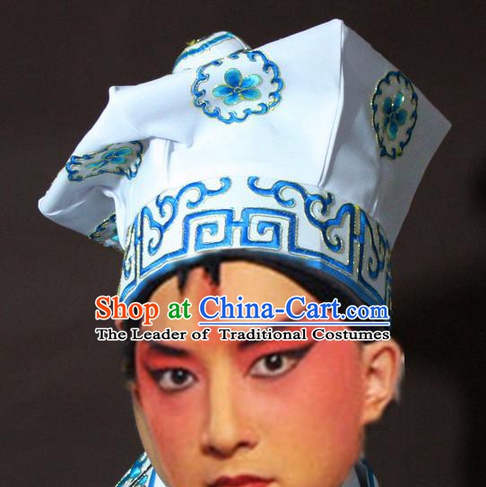 Traditional China Beijing Opera Takefu White Hats, Chinese Peking Opera Imperial Bodyguard Embroidered Headwear