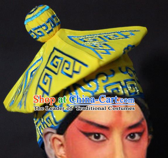 Traditional China Beijing Opera Takefu Yellow Hats, Chinese Peking Opera Imperial Bodyguard Embroidered Headwear