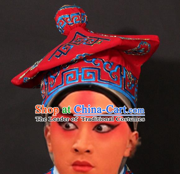 Traditional China Beijing Opera Takefu Red Hats, Chinese Peking Opera Imperial Bodyguard Embroidered Headwear