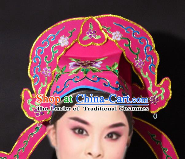 Traditional China Beijing Opera Niche Embroidered Rosy Hats, Chinese Peking Opera Gifted Scholar Headwear