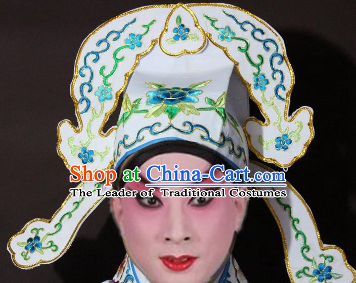 Traditional China Beijing Opera Niche Embroidered White Hats, Chinese Peking Opera Gifted Scholar Headwear