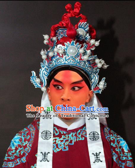 Traditional China Beijing Opera General Embroidered Hats, Chinese Peking Opera Officer Helmet Headwear