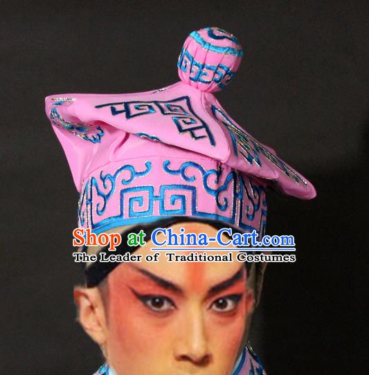 Traditional China Beijing Opera Takefu Pink Hats, Chinese Peking Opera Imperial Bodyguard Embroidered Headwear