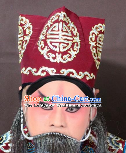 Traditional China Beijing Opera Ministry Councillor Embroidery Red Hats, Chinese Peking Opera Old Men Embroidered Headwear