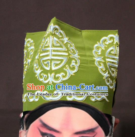 Traditional China Beijing Opera Ministry Councillor Embroidery Green Hats, Chinese Peking Opera Old Men Embroidered Headwear