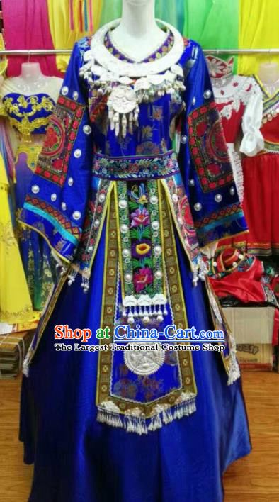 Chinese Traditional Miao Nationality Wedding Blue Costume Hmong Folk Dance Ethnic Clothing for Women