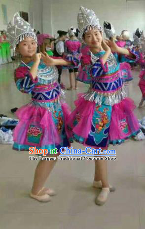 Chinese Traditional Miao Nationality Rosy Costume Hmong Folk Dance Ethnic Clothing for Kids
