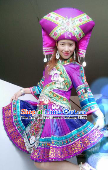 Chinese Traditional Zhuang Nationality Costume Folk Dance Ethnic Purple Dress for Women
