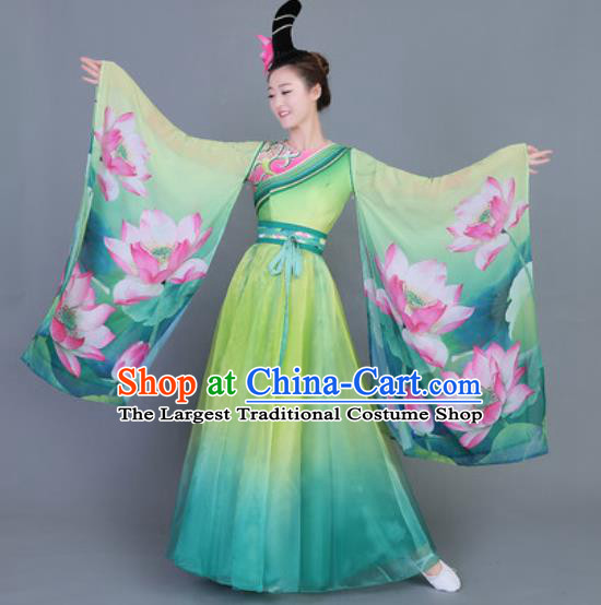 Chinese Traditional Classical Dance Costume Folk Dance Printing Lotus Green Dress for Women