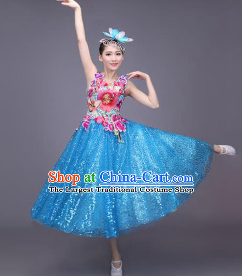 Professional Modern Dance Blue Bubble Dress Opening Dance Stage Performance Chorus Costume for Women