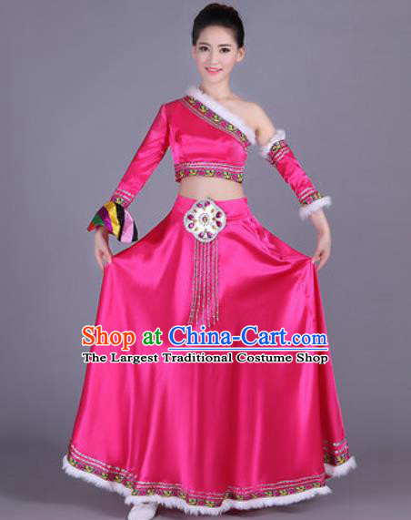 Chinese Traditional Zang Nationality Costume Tibetan Folk Dance Ethnic Rosy Dress for Women