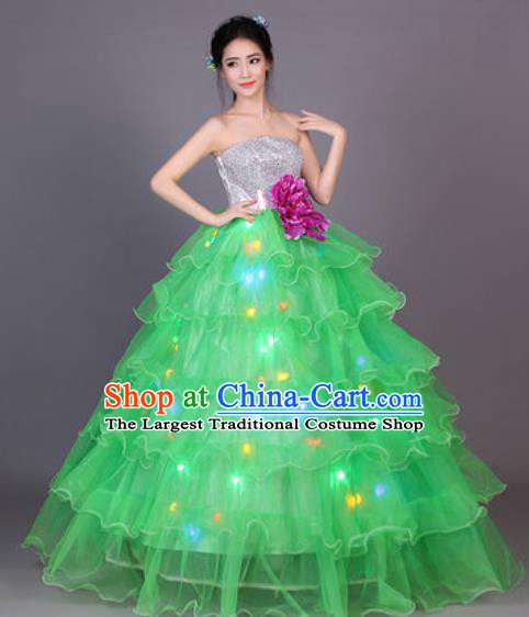 Professional Modern Dance Green Flowers Dress Opening Dance Stage Performance Chorus LED Costume for Women