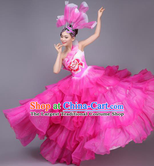 Professional Modern Dance Dress Opening Dance Stage Performance Chorus Pink Flowers Costume for Women
