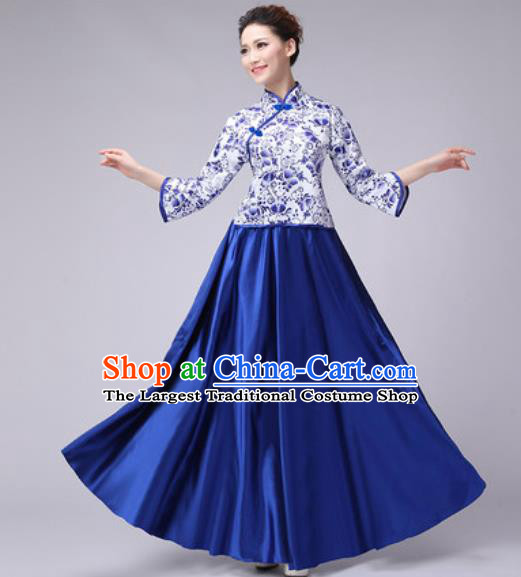 Chinese Classical Dance Fan Dance Costume Traditional Folk Dance Chorus Royalblue Dress for Women