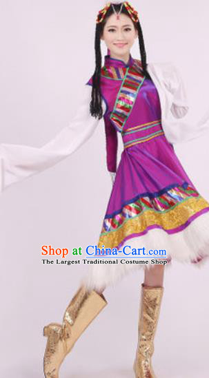 Chinese Traditional Zang Nationality Dance Purple Dress Tibetan Folk Dance Ethnic Costume for Women
