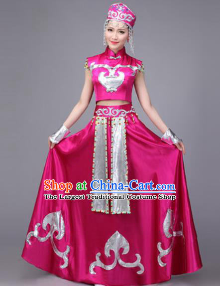 Chinese Traditional Mongol Nationality Dance Costume Mongolian Folk Dance Ethnic Rosy Dress for Women