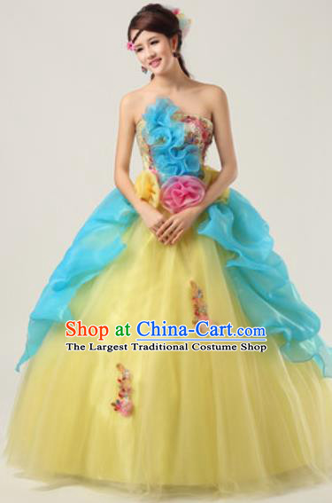 Top Grade Waltz Dance Compere Yellow Costume Modern Dance Stage Performance Dress for Women