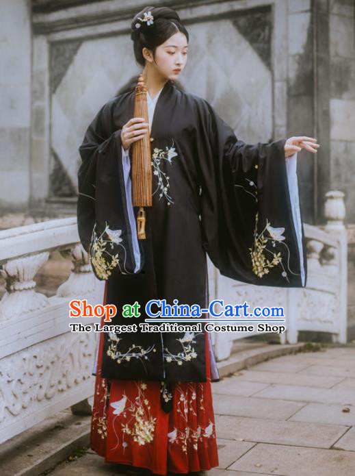 Chinese Ancient Maidenform Costumes Ming Dynasty Princess Embroidered Black Hanfu Dress for Women