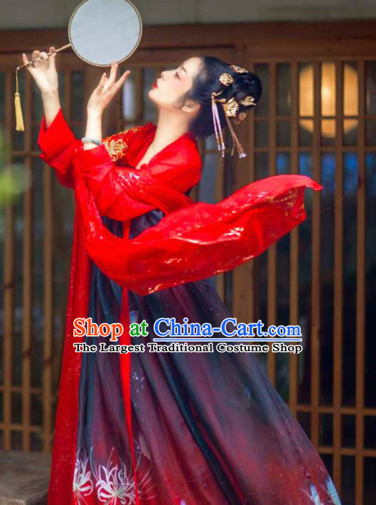 Chinese Traditional Tang Dynasty Maidenform Red Hanfu Dress Ancient Palace Princess Costumes for Women