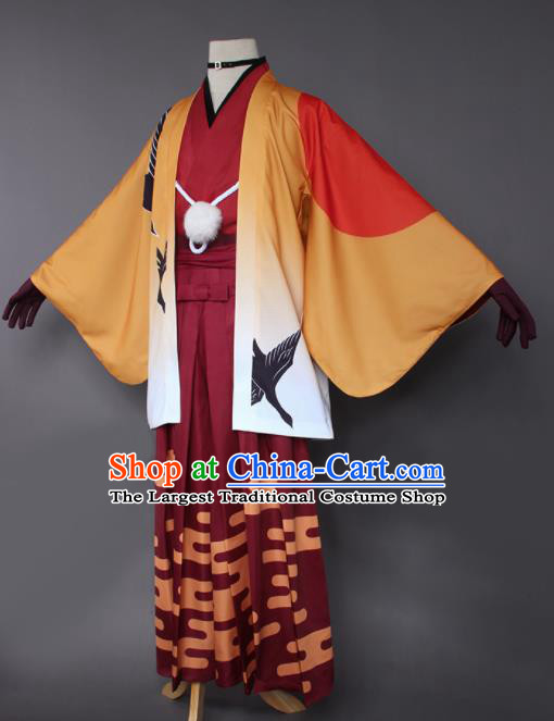 Japanese Traditional Cosplay Knight Costumes Ancient Swordsman Orange Kimono Clothing for Men
