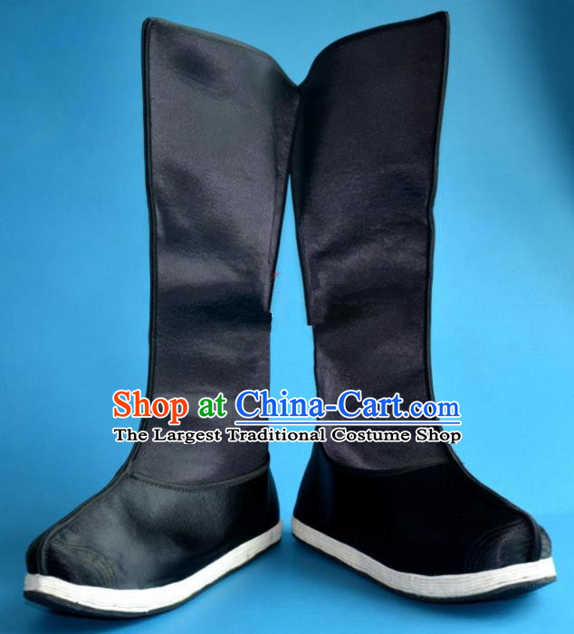 Chinese Traditional Beijing Opera Takefu Shoes Ancient Qing Dynasty Minister Black Satin Boots for Men
