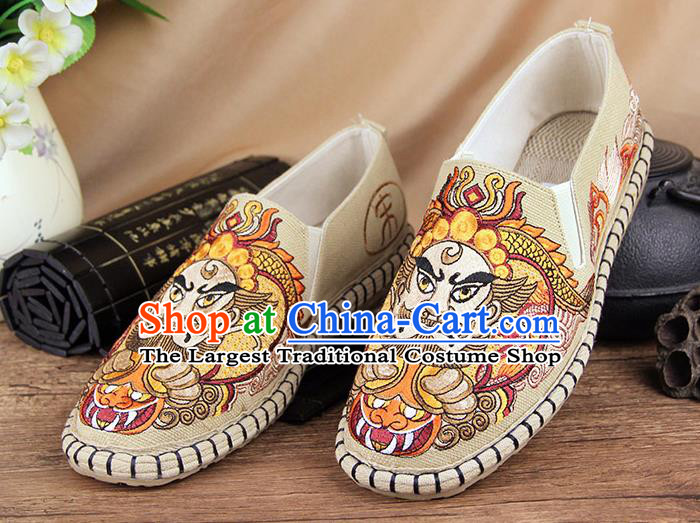 Chinese National Shoes Traditional Beige Cloth Shoes Embroidery Facial Makeup Shoes for Men