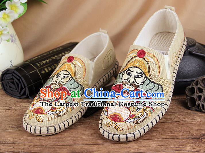 Chinese National Shoes Traditional Cloth Shoes Embroidery Beige Shoes for Men