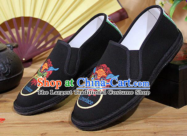 Chinese National Shoes Traditional Embroidery Lion Cloth Shoes Black Shoes for Men