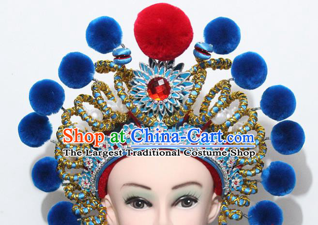 Chinese Traditional Peking Opera Blues Hair Accessories Ancient Female Warriors Blue Venonat Helmet for Women