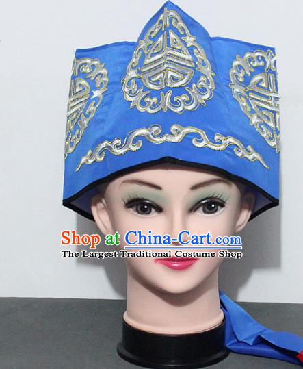 Chinese Traditional Peking Opera Old Gentleman Hat Ancient Ministry Councillor Blue Hat for Men