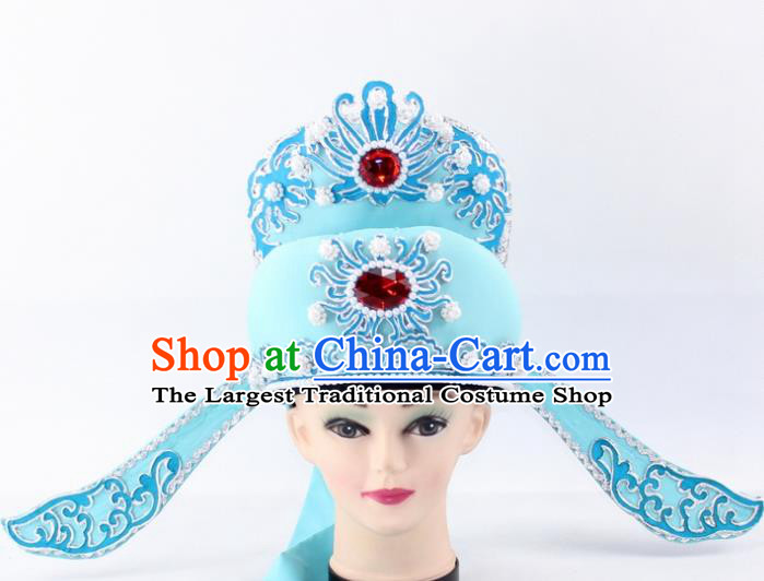 Chinese Traditional Peking Opera Niche Headwear Ancient Number One Scholar Blue Hat for Men