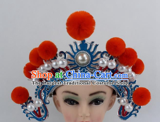 Chinese Traditional Peking Opera Blues Orange Venonat Helmet Ancient Magic Warriors Hat for Women
