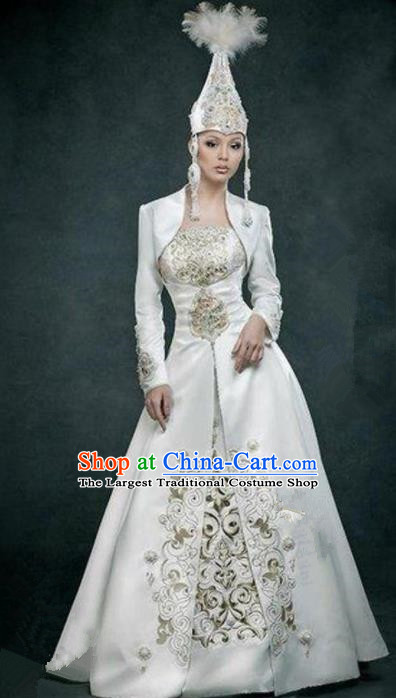 Chinese Traditional Ethnic Costumes Mongols Minority Nationality Dance White Dress for Women