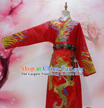 Chinese Traditional Red Embroidered Robe Ancient Tang Dynasty Emperor Wedding Costumes for Men