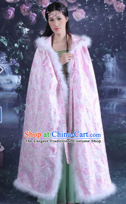 Chinese Traditional Costumes Ancient Qing Dynasty Princess Hanfu Pink Brocade Cloak for Women