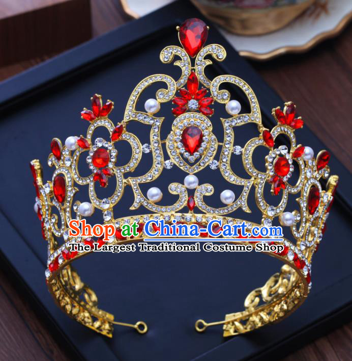 Top Grade Baroque Princess Retro Pearls Royal Crown Bride Red Crystal Wedding Hair Accessories for Women