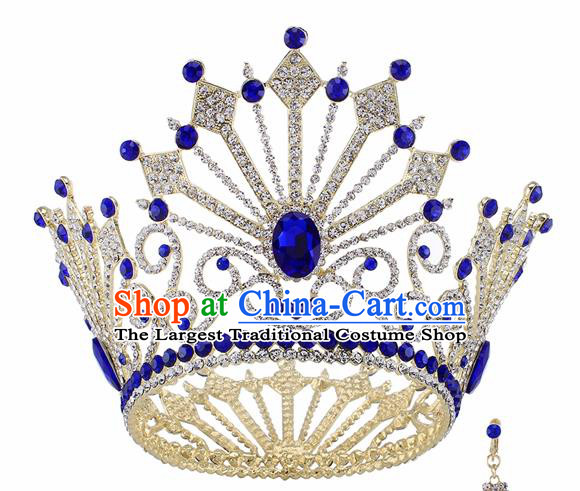 Top Grade Baroque Queen Blue Crystal Golden Royal Crown Bride Retro Wedding Hair Accessories for Women