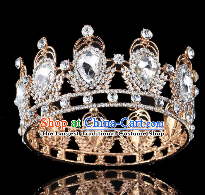 Top Grade Baroque Style Crystal Round Royal Crown Bride Retro Wedding Hair Accessories for Women