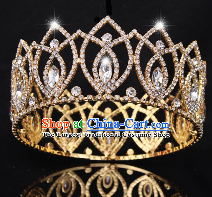 Top Grade Baroque Handmade Crystal Golden Royal Crown Bride Retro Wedding Hair Accessories for Women