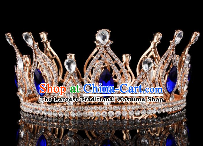 Top Grade Blue Crystal Golden Royal Crown Baroque Princess Retro Wedding Bride Hair Accessories for Women