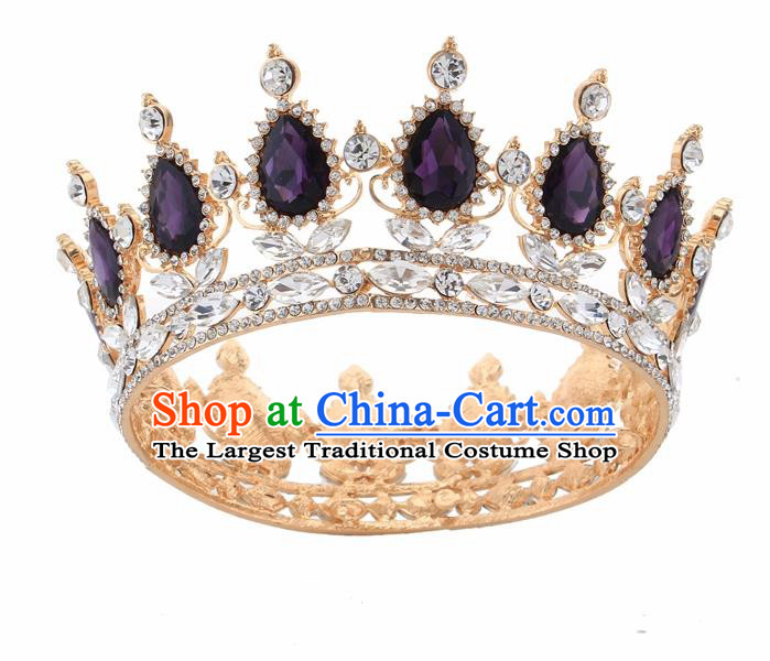 Top Grade Queen Retro Purple Rhinestone Golden Royal Crown Baroque Wedding Bride Hair Accessories for Women