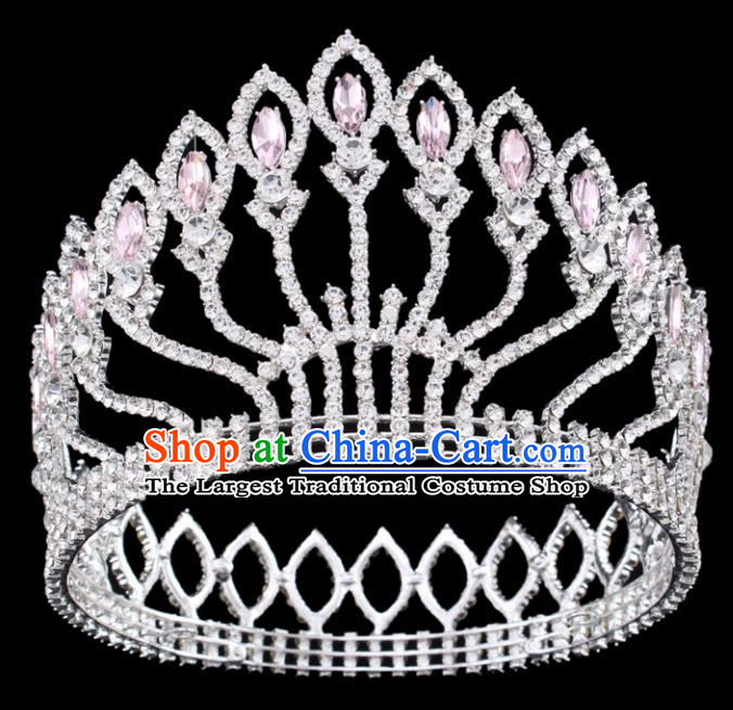 Top Grade Baroque Court Queen Pink Crystal Argent Royal Crown Wedding Bride Hair Accessories for Women
