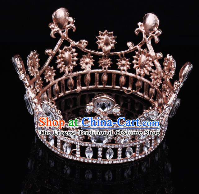 Handmade Bride Wedding Hair Jewelry Accessories Baroque Crystal Rose Golden Round Royal Crown for Women