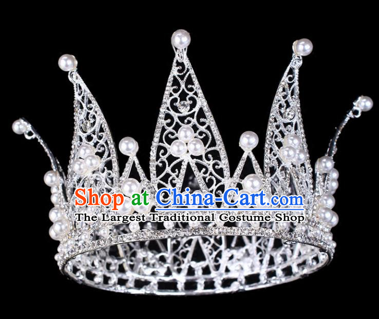Handmade Bride Wedding Hair Jewelry Accessories Baroque Queen Crystal Pearls Argent Royal Crown for Women