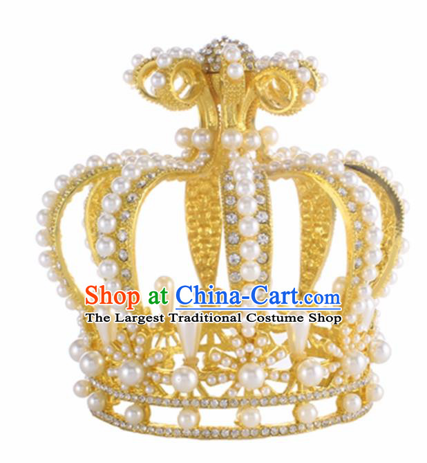 Top Grade Queen Golden Royal Crown Retro Baroque Wedding Bride Pearls Hair Accessories for Women